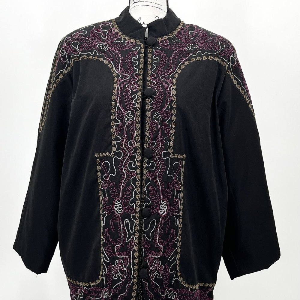 Vintage Carol Cohen Studio‎ Mandarin Collar Embroidered Long Quilted Jacket 1X